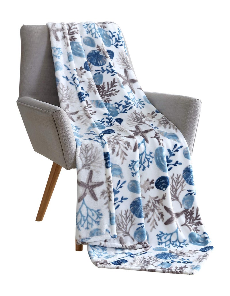 Coastal Ocean Beach Throw Blanket: Soft Plush Velvet Fleece Seashells Hues of Blue Grey on White Accent for Couch or Bed  Colored: Blue Gray Taupe White
