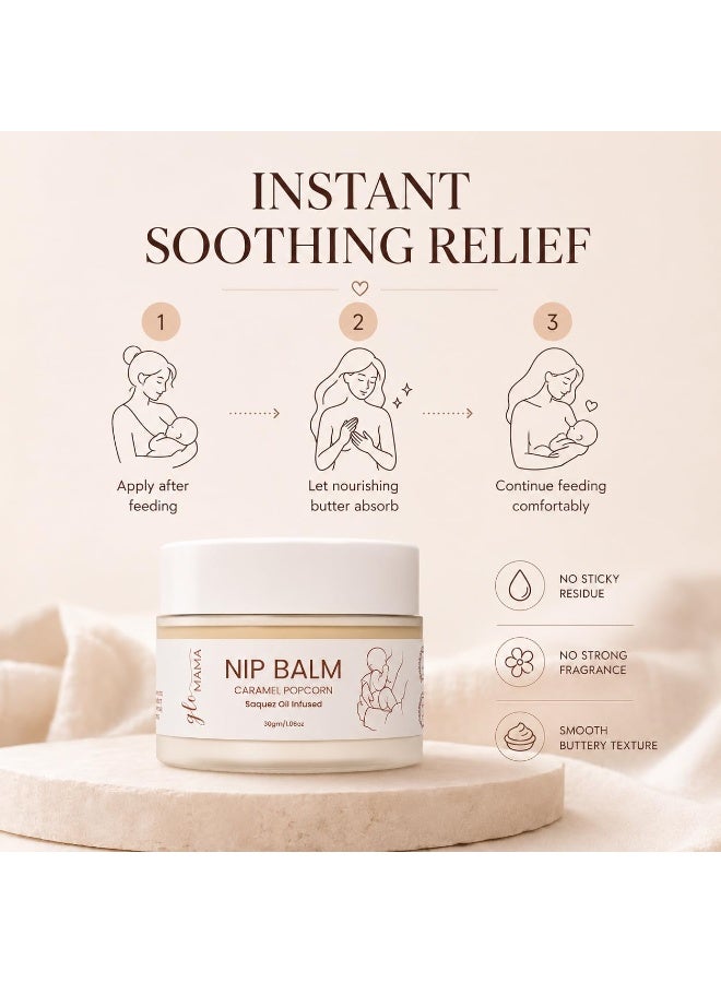 GLOMAMA Nipple Balm/Butter for Breastfeeding Mom | Caramel Popcorn Saquez Oil Infused | Lanolin Nip Balm for Sore, Cracked Nipples - Tasteless & Odorless | Fast Absorbing & Clinically Proven Safe for Baby | 30g - Image 3