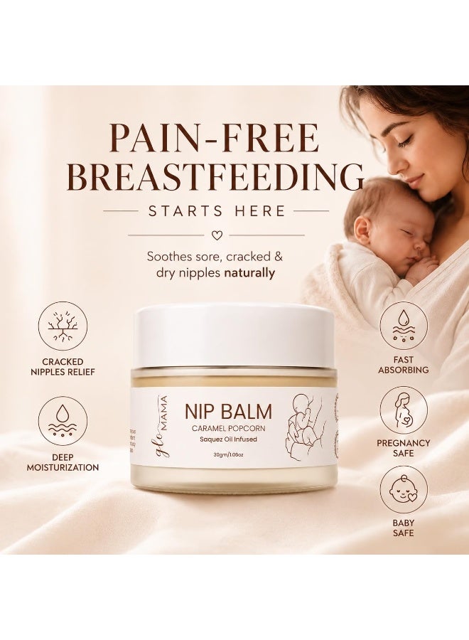 GLOMAMA Nipple Balm/Butter for Breastfeeding Mom | Caramel Popcorn Saquez Oil Infused | Lanolin Nip Balm for Sore, Cracked Nipples - Tasteless & Odorless | Fast Absorbing & Clinically Proven Safe for Baby | 30g - Image 2