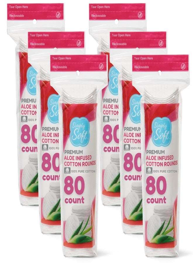 Medline Simply Soft Aloe Infused Premium Cotton Rounds, 80 count (Pack of 6), Hydrating Aloe Vera, 100% Pure cotton, absorbent cotton pads, Moisturizes and soothes sensitive skin, Hypoallergenic - Image 1