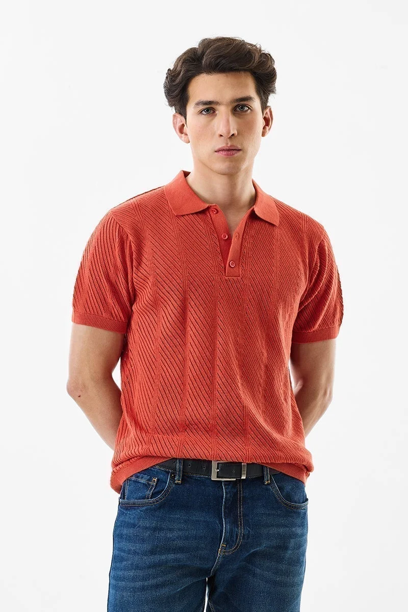 سنيتش تيشيرت بولو قطن محبوك أحمر بقصة ضيقة