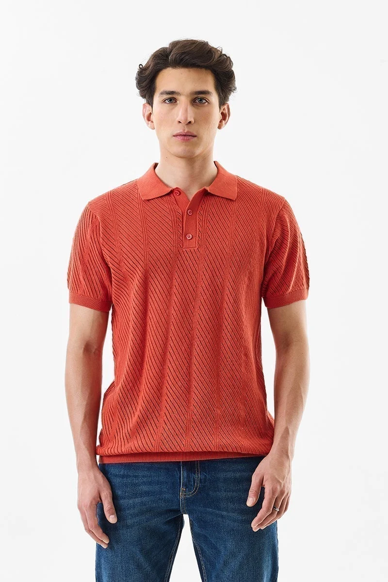 SNITCH Slim Fit Cotton Knitted Red Polo T-Shirt