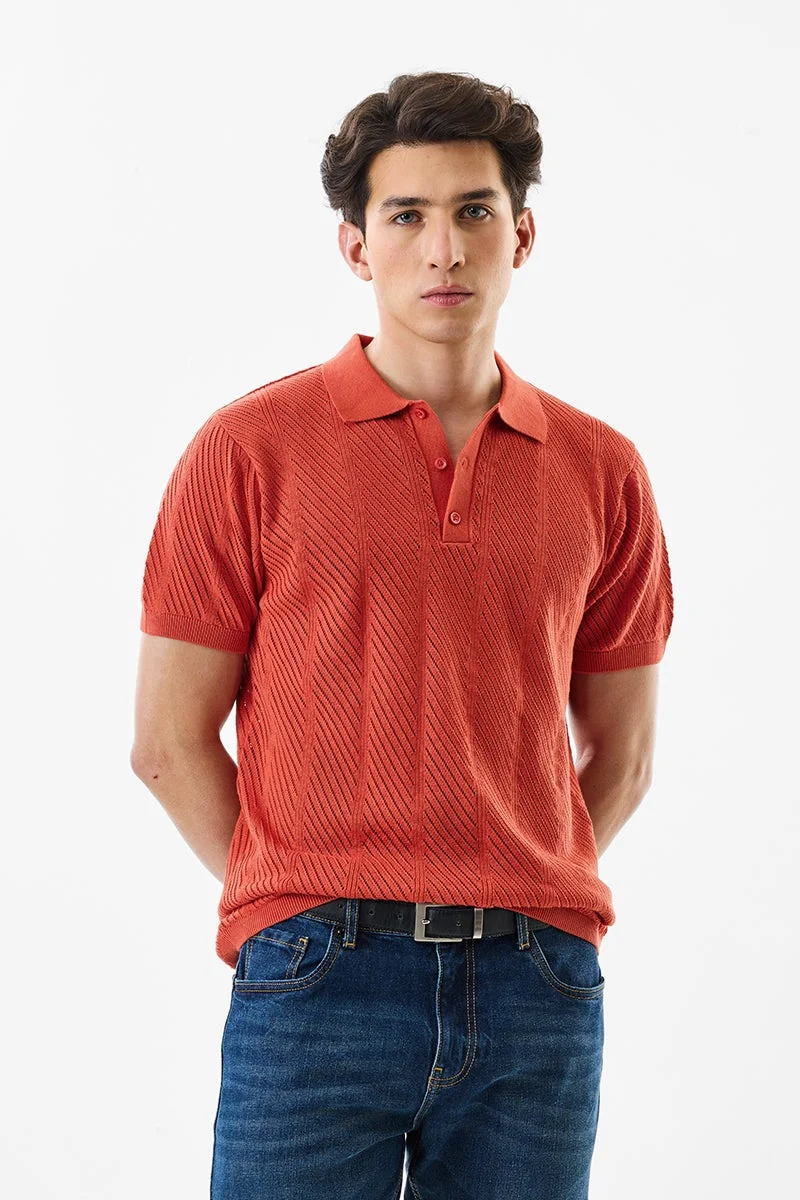 SNITCH Slim Fit Cotton Knitted Red Polo T-Shirt