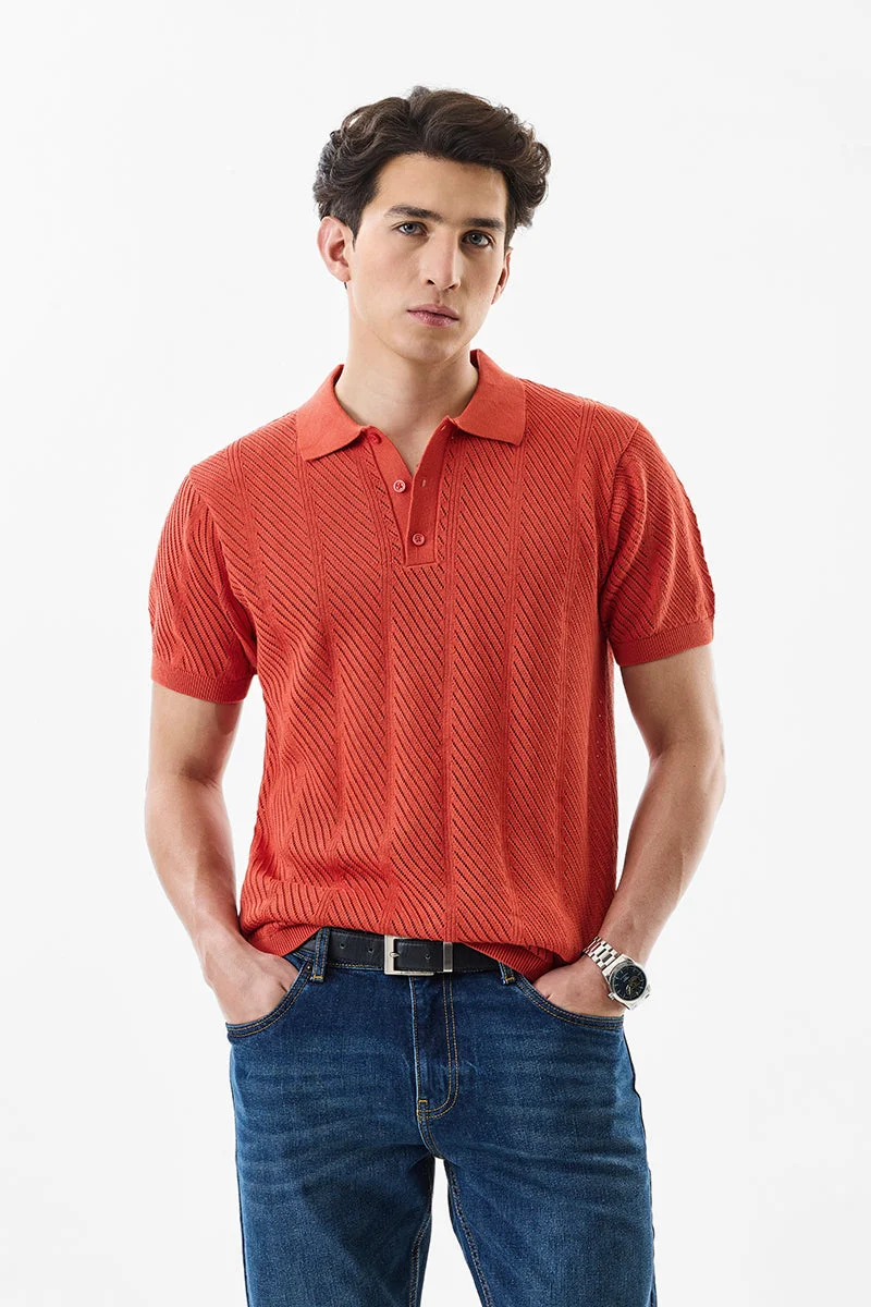 SNITCH Slim Fit Cotton Knitted Red Polo T-Shirt