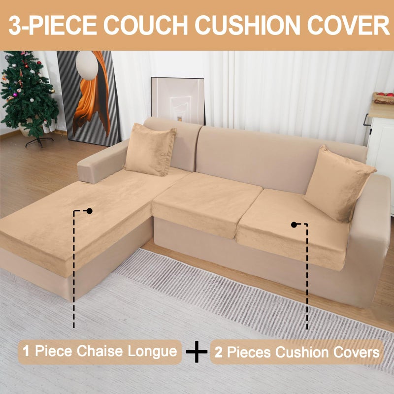 BT.WA Sectional Couch Covers for 3-Piece Seat Cushion Velvet Separate L Shape Couch Cover Stretch Sofa Slipcover with 2 Pieces Pillowcases Furniture Protector (Sofa 2 Seater + 1 Chaise  Camel) - Image 2