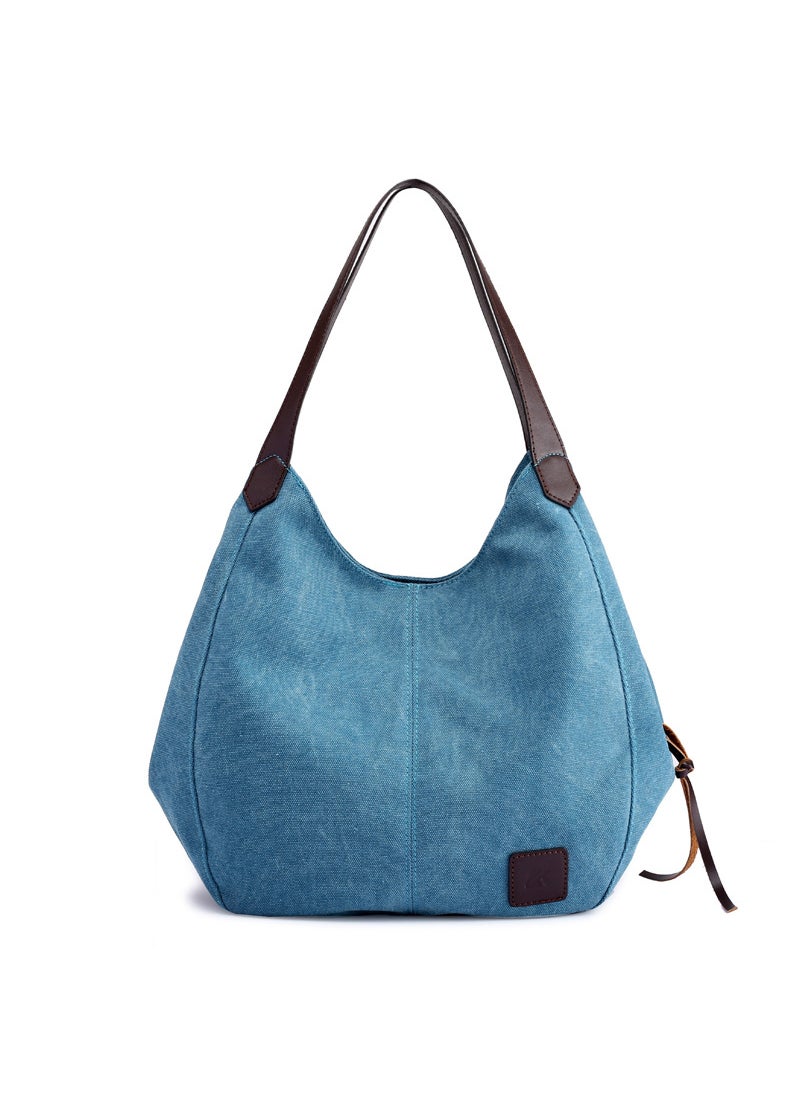 Generic - New multi-compartment canvas womens bag trendy Korean handbag fashion shoulder bag literary simple large bag for batchBlue Blue - Image 1