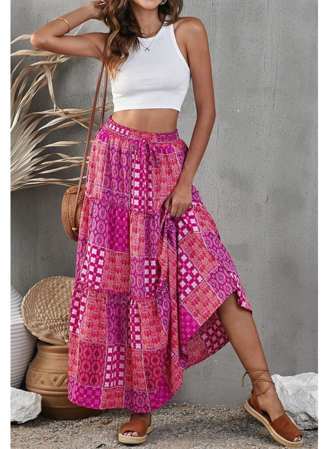 New European And American   Ethnic Style Printed Skirt Layered Sching Ruffled Skirt