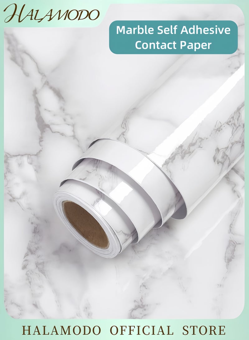 HALAMODO Marble Sticky Back Plastic Contact Paper Self Adhesive Wallpaper Waterproof Roll for Kitchen Countertop Furniture Easy to Remove White/Grey 60x1000cm - Image 1