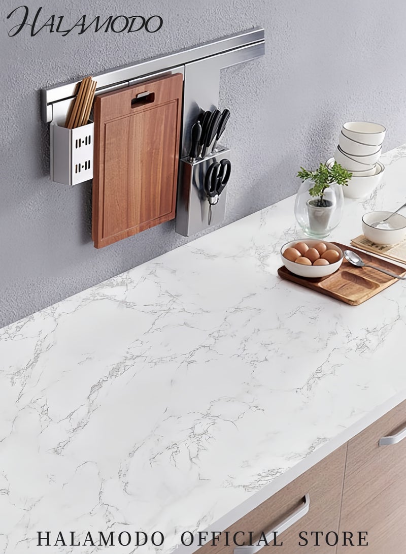 HALAMODO Marble Sticky Back Plastic Contact Paper Self Adhesive Wallpaper Waterproof Roll for Kitchen Countertop Furniture Easy to Remove White/Grey 60x1000cm - Image 4
