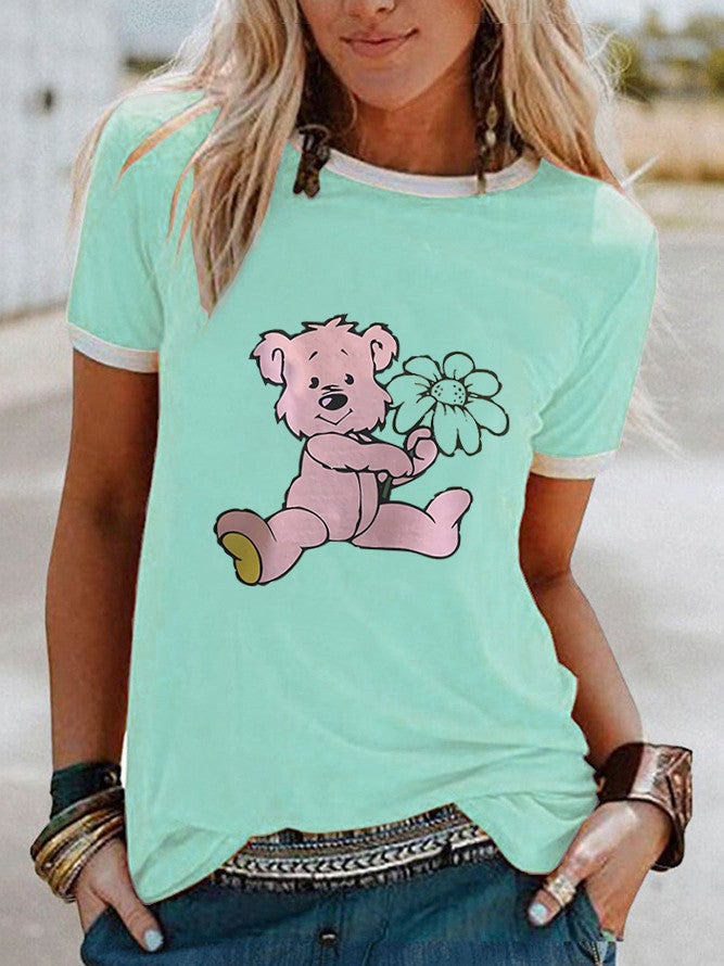 wish raccoon flower print bump-edge contrast short sleeve t-shirt - Image 3