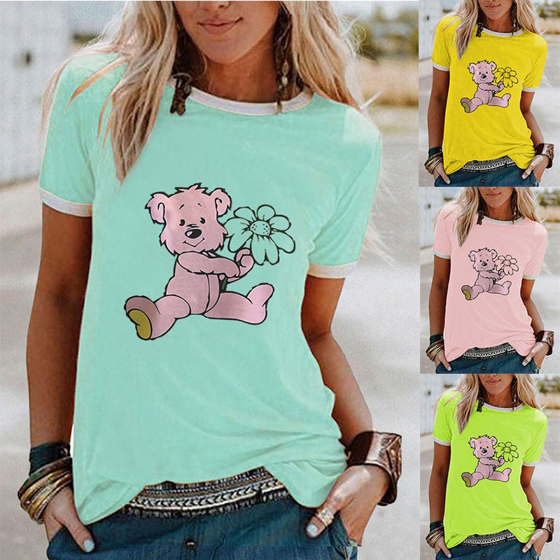 wish raccoon flower print bump-edge contrast short sleeve t-shirt - Image 2