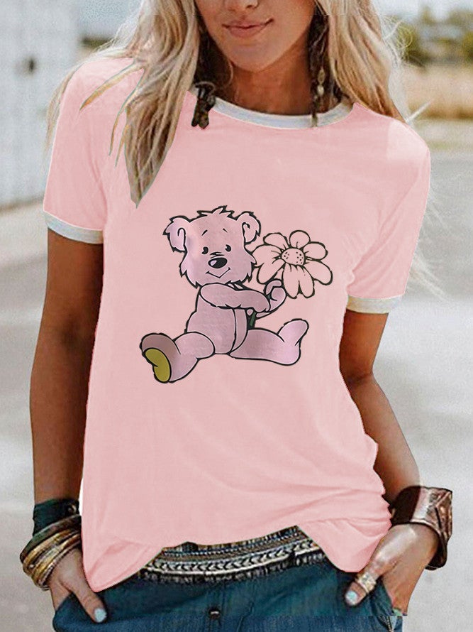 wish raccoon flower print bump-edge contrast short sleeve t-shirt - Image 1
