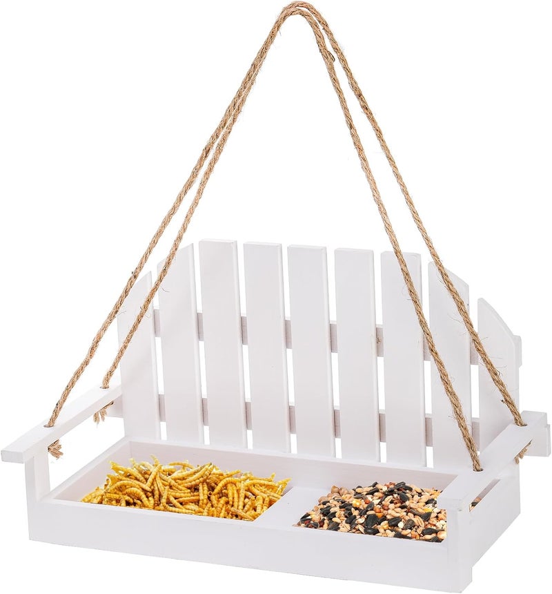 Frcctre Wood Bird Feeder for Outside, Cute White Swing Bench Wild Bird Feeder Squirrel Feeder Hanging Seed Tray Platform with Metal Mesh Bottom for for Garden Yard Porch Outside Decoration - Image 3