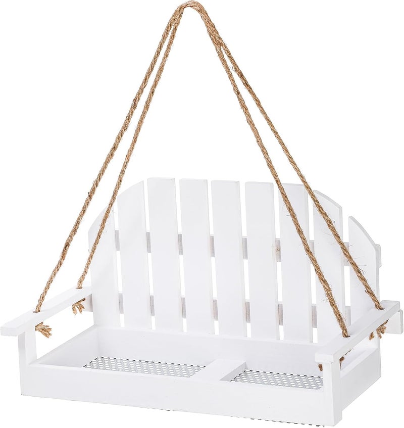 Frcctre Wood Bird Feeder for Outside, Cute White Swing Bench Wild Bird Feeder Squirrel Feeder Hanging Seed Tray Platform with Metal Mesh Bottom for for Garden Yard Porch Outside Decoration - Image 1
