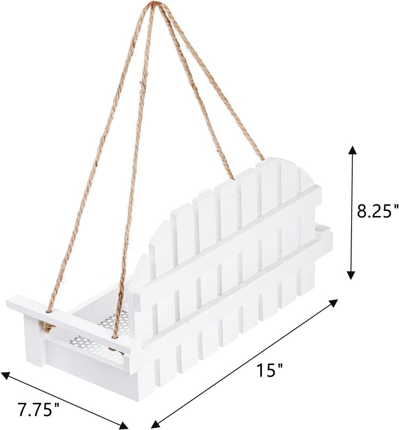 Frcctre Wood Bird Feeder for Outside, Cute White Swing Bench Wild Bird Feeder Squirrel Feeder Hanging Seed Tray Platform with Metal Mesh Bottom for for Garden Yard Porch Outside Decoration - Image 2