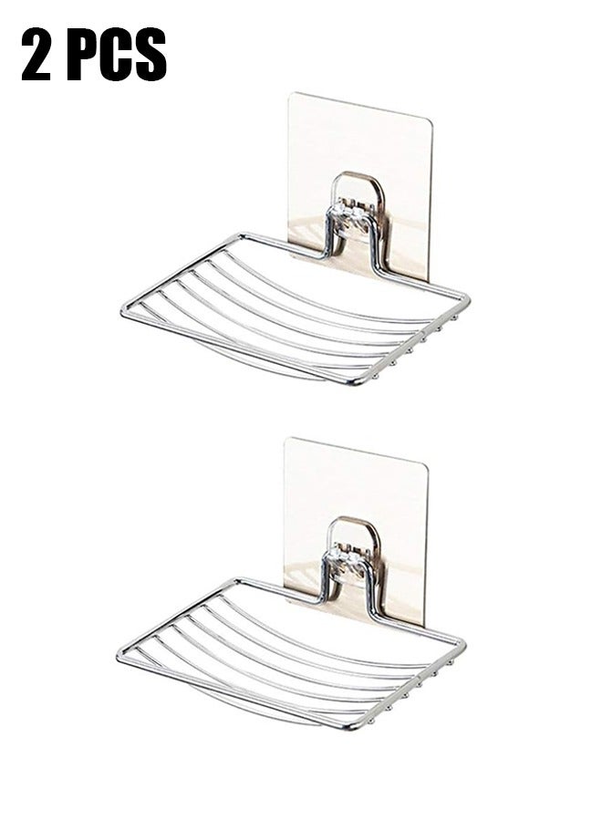 2 Pcs Shower Soap Dish, 304 Stainless Steel Bar Soap Holder Wall Mounted, Self Adhesive Sponge Holder for Bathroom/Shower/Kitchen (Silver) - Image 1