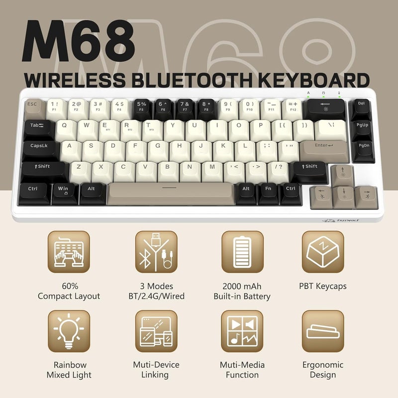 LexonElec X FREEWOLF M68 60% Wireless Gaming Keyboard, QWERTY Layout, BT/2.4G/Wired Silent Membrane Keyboard, Rainbow Backlit 67 Keys PBT Keycaps, 2000mAh Portable for Gamer/Office - Creamy - Image 2