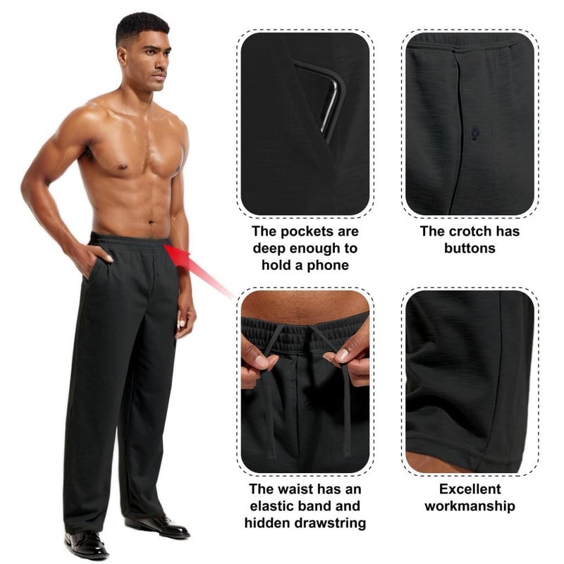 Inner Wish Men's Pajama Pant, Soft Mens Lounge Pants Sleep Bottoms with Pockets Drawstring, BLACK,L - Image 5