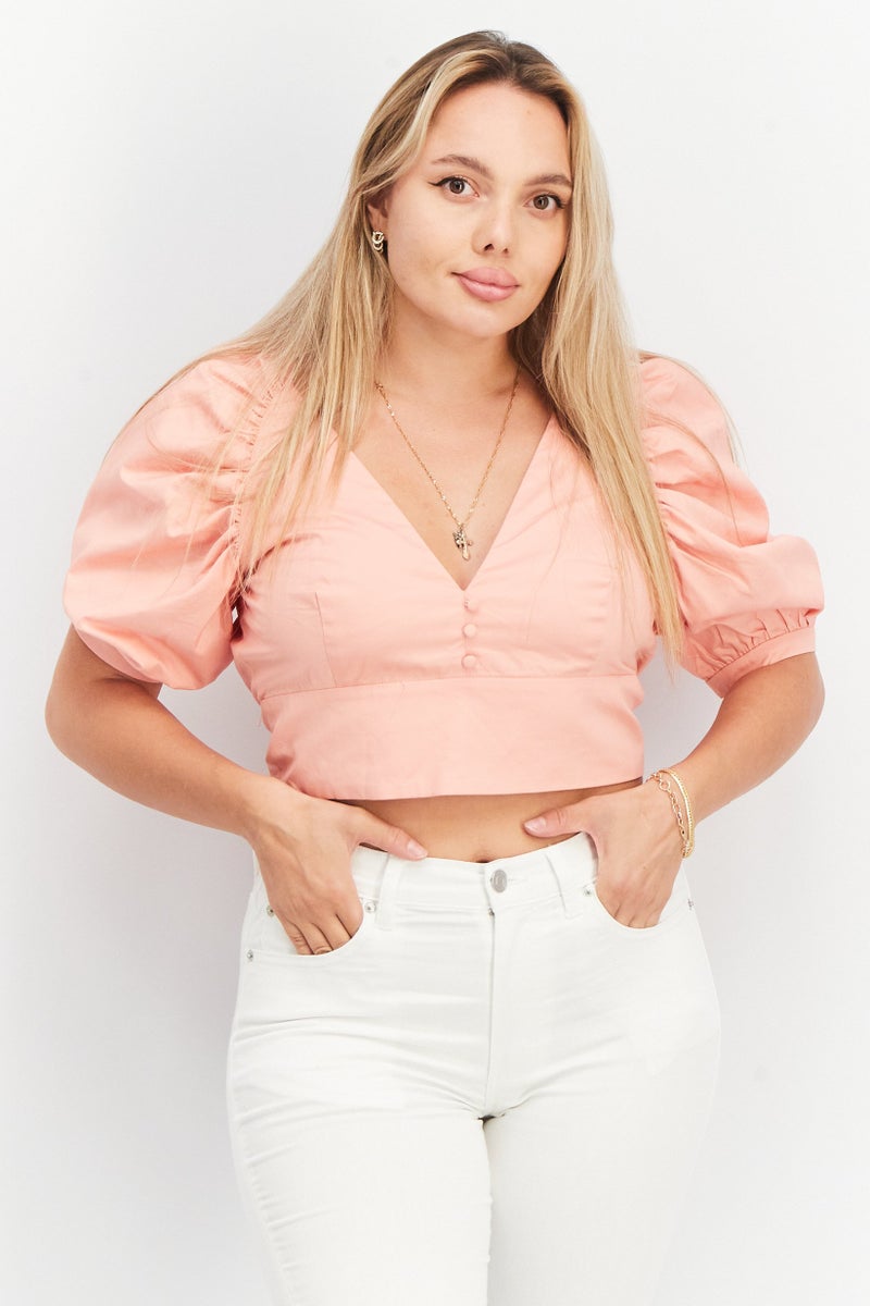 Bardot Women V-Neck Puff Sleeves Plain Crop Top, Peach - Image 1