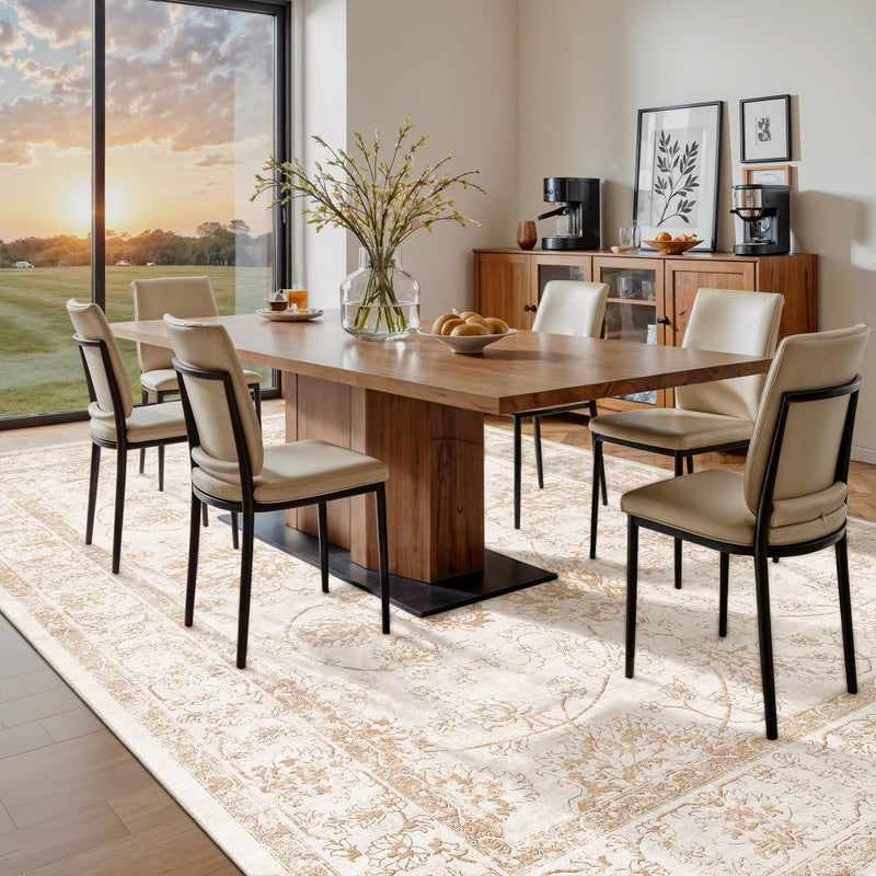 Madane 8x10 Area Rugs for Living Room, Machine Washable Vintage Rug with Non-Slip Backing, Soft Floral Print Large Throw Rugs, Thin Carpet for Bedroom Dining Room Farmhouse (8 x 10, Wood/Ivory) - Image 3