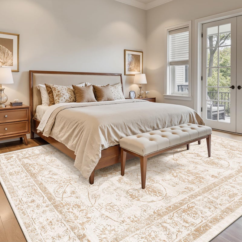 Madane 8x10 Area Rugs for Living Room, Machine Washable Vintage Rug with Non-Slip Backing, Soft Floral Print Large Throw Rugs, Thin Carpet for Bedroom Dining Room Farmhouse (8 x 10, Wood/Ivory) - Image 2