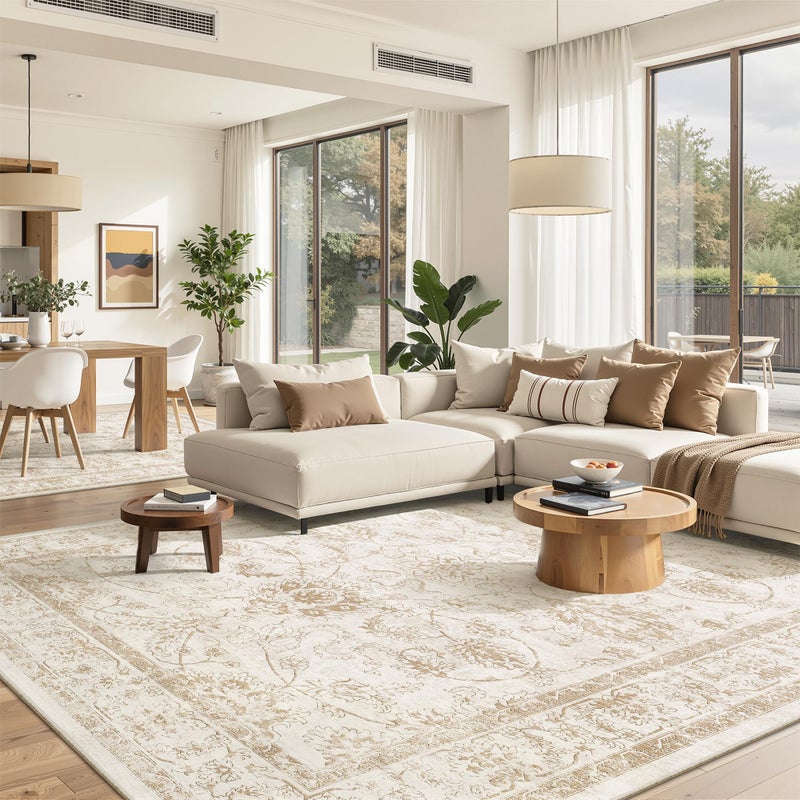 Madane 8x10 Area Rugs for Living Room, Machine Washable Vintage Rug with Non-Slip Backing, Soft Floral Print Large Throw Rugs, Thin Carpet for Bedroom Dining Room Farmhouse (8 x 10, Wood/Ivory) - Image 1