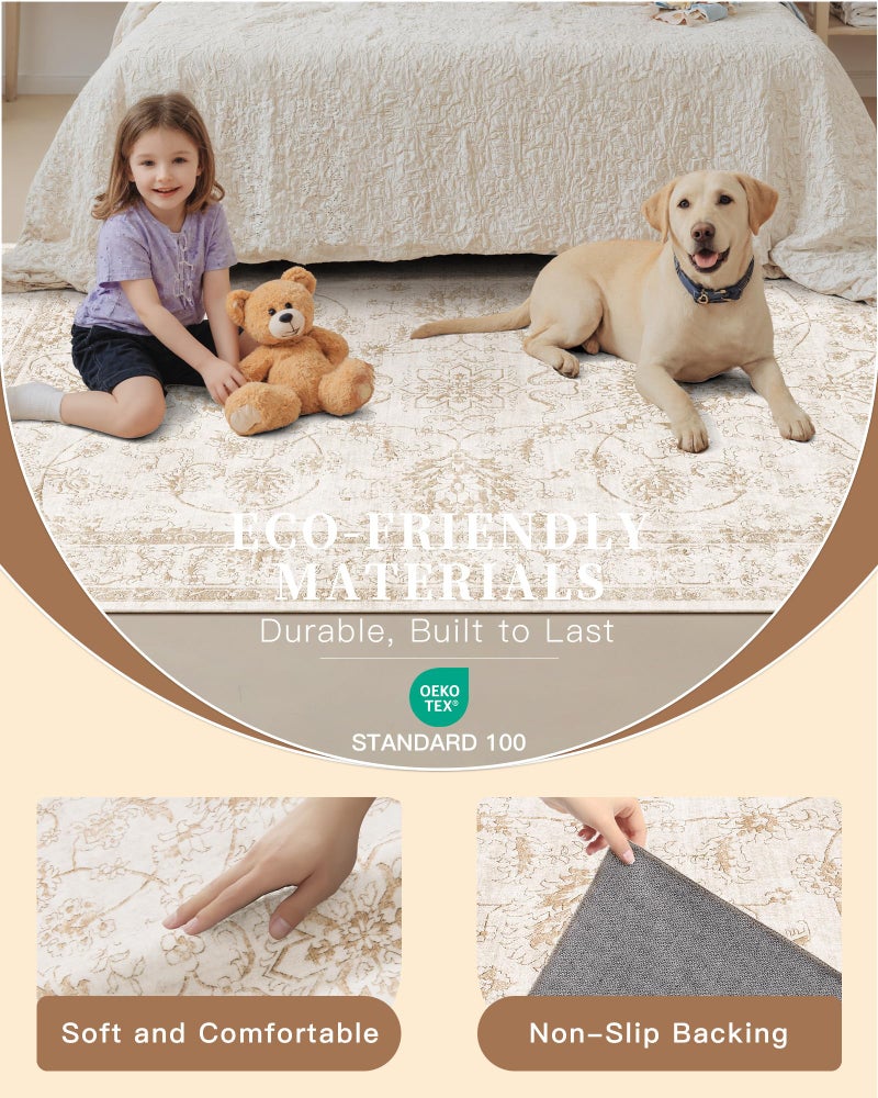 Madane 8x10 Area Rugs for Living Room, Machine Washable Vintage Rug with Non-Slip Backing, Soft Floral Print Large Throw Rugs, Thin Carpet for Bedroom Dining Room Farmhouse (8 x 10, Wood/Ivory) - Image 5