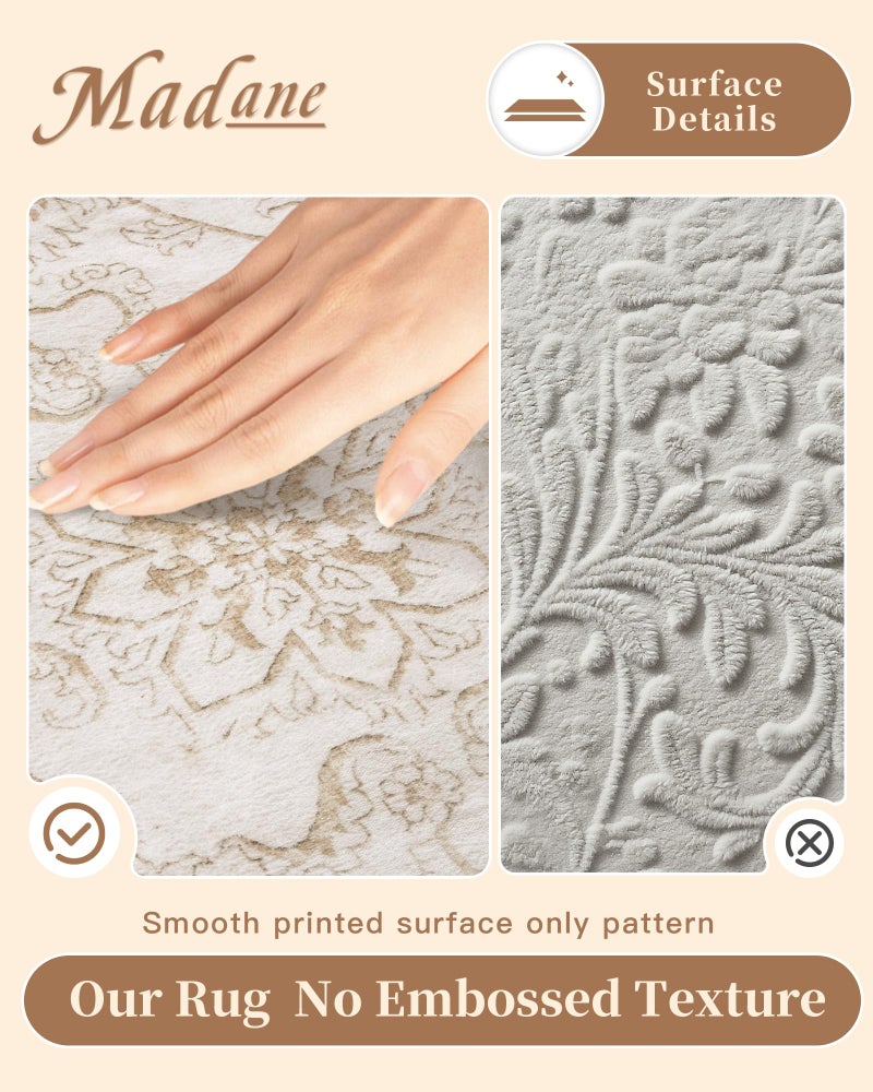 Madane 8x10 Area Rugs for Living Room, Machine Washable Vintage Rug with Non-Slip Backing, Soft Floral Print Large Throw Rugs, Thin Carpet for Bedroom Dining Room Farmhouse (8 x 10, Wood/Ivory) - Image 4