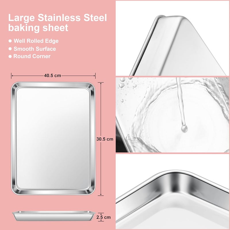 E-far Baking Sheet Set of 2, Large 40.5 x 30.5 x 2.5 CM Baking Pan Tray, Stainless Steel Cookie Sheet for Oven Roasting Grilling Cooking, Non Toxic & Mirror Finish, Dishwasher Safe - Image 2