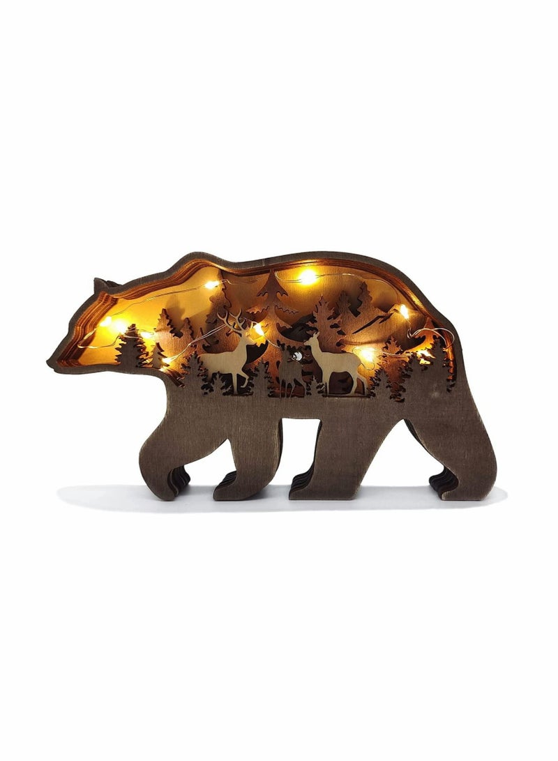 كابتن تيك Desktop Ornament with Light, Wooden Brown Bear, Forest Animals Table Decor, Wooden Knick Knacks Decorations for Home, Crafts Creative 3D Wooden Wall Art Décor Lighted DIY LED Shelf Decorations - Image 1