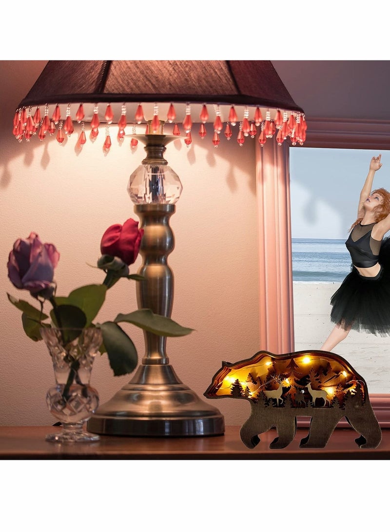 كابتن تيك Desktop Ornament with Light, Wooden Brown Bear, Forest Animals Table Decor, Wooden Knick Knacks Decorations for Home, Crafts Creative 3D Wooden Wall Art Décor Lighted DIY LED Shelf Decorations - Image 3