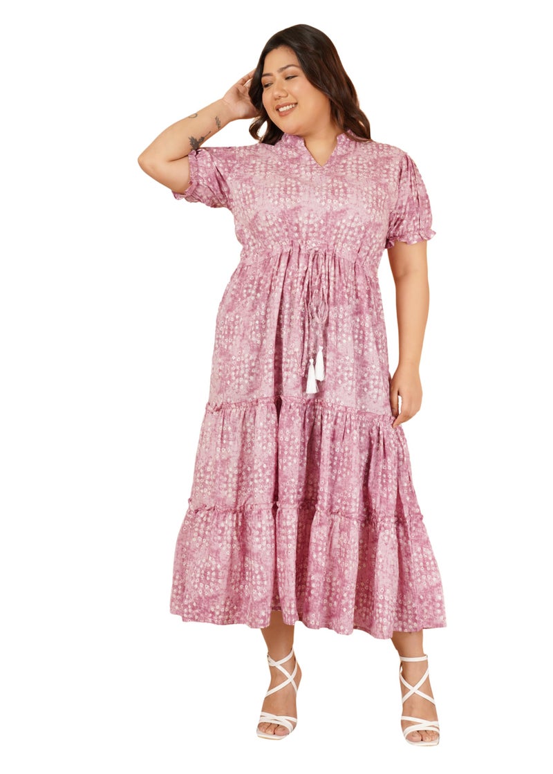 Indietoga Women's Plus Size Pure Cotton A-Line Tiered Maxi Dress (P10001559_ Pink Circular Print_6XL) - Image 1