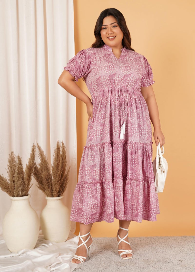 Indietoga Women's Plus Size Pure Cotton A-Line Tiered Maxi Dress (P10001559_ Pink Circular Print_6XL) - Image 5