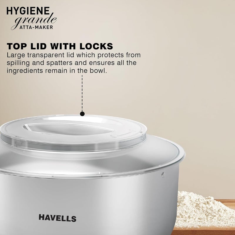 Havells Havells Hygiene Grande Atta Kneader Dough Maker with 5L SS Bowl Up to 1 KG Dough Maker 4 Speed Aluminium Dough Hook Transparent Anti Splatter Lid with Lock Hands Free Operation 2 Yr Warranty  - Image 5