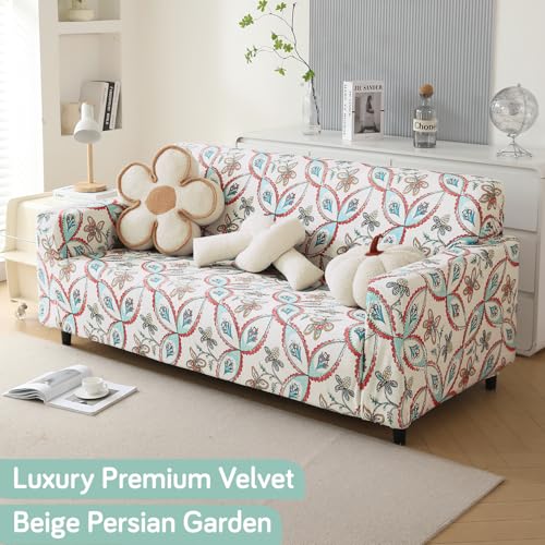 HOKIPO Premium Printed Velvet Sofa Cover 3 Seater Fully Covered, Beige Persian Garden (AR-5797-D9) - Image 4
