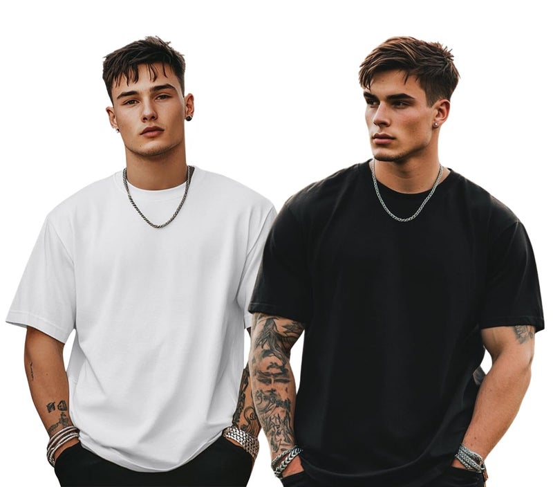 Veirdo® White & Black Oversized Baggy Fit Drop Shoulder Half Sleeves Round Neck Solid Pure Cotton T-Shirt for Men (PO2_OS_100_WT_BK_XXL) - Image 1