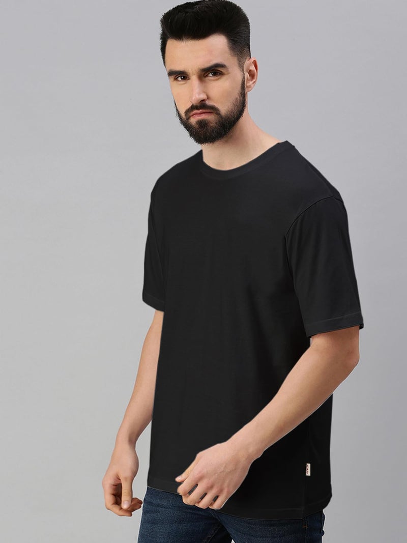 Veirdo® White & Black Oversized Baggy Fit Drop Shoulder Half Sleeves Round Neck Solid Pure Cotton T-Shirt for Men (PO2_OS_100_WT_BK_XXL) - Image 3