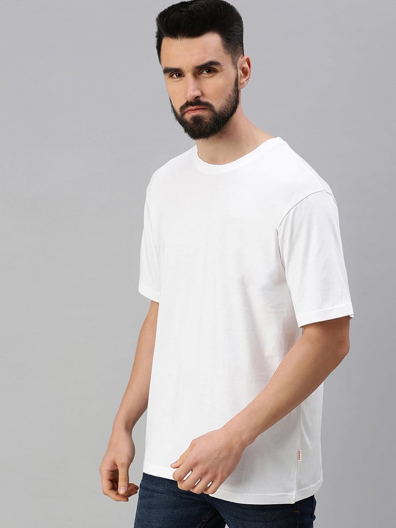 Veirdo® White & Black Oversized Baggy Fit Drop Shoulder Half Sleeves Round Neck Solid Pure Cotton T-Shirt for Men (PO2_OS_100_WT_BK_XXL) - Image 2