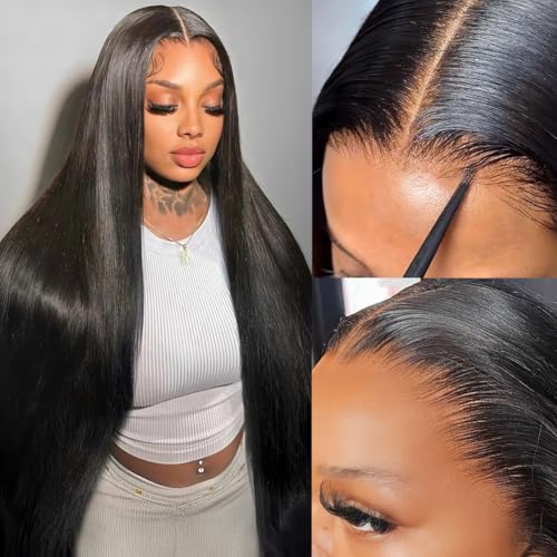 Pizazz 13x6 HD Lace Front Wigs Human Hair Pre Plucked Pre Bleached Pre Cut Glueless Wig Human Hair Upgrade Invisible Drawstring Wig with Tapes Straight 200 Density EartoEar Frontal Wigs for Women - Image 1