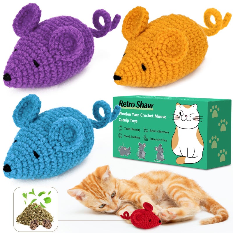 Retro Shaw Catnip Toys Crochet Mice Cat Toys,3 Pcs Yarn Cat Nip Mouse Animals Toy,Safe Teeth Cleaning Toy for Indoor Kittens - Image 1