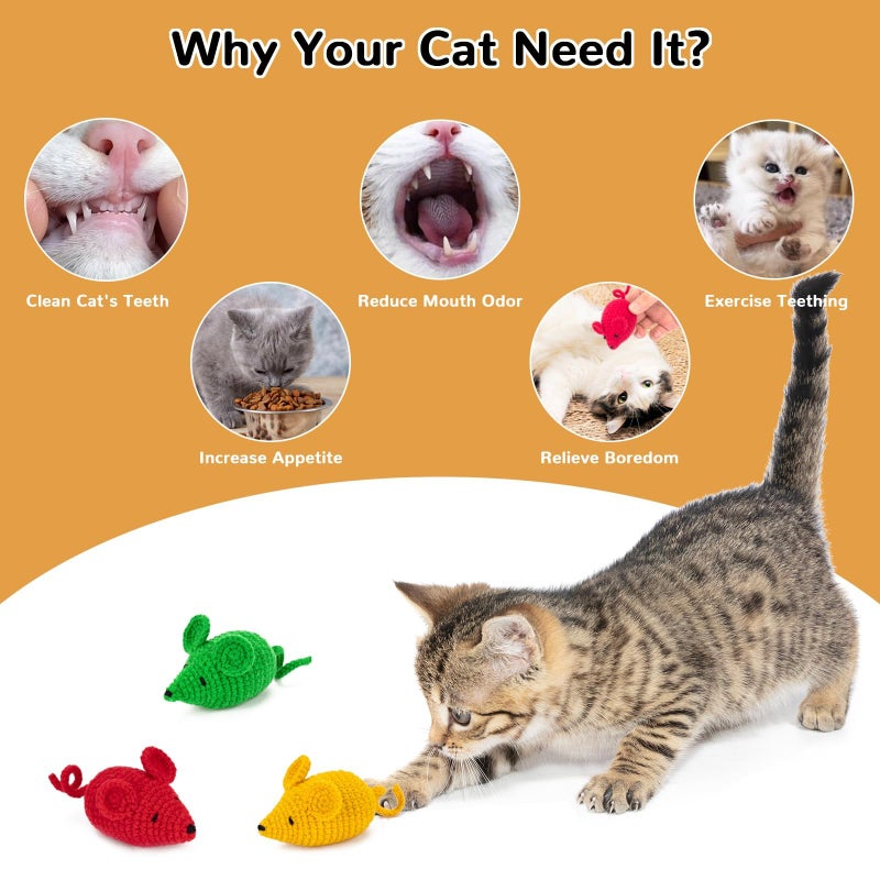 Retro Shaw Catnip Toys Crochet Mice Cat Toys,3 Pcs Yarn Cat Nip Mouse Animals Toy,Safe Teeth Cleaning Toy for Indoor Kittens - Image 3
