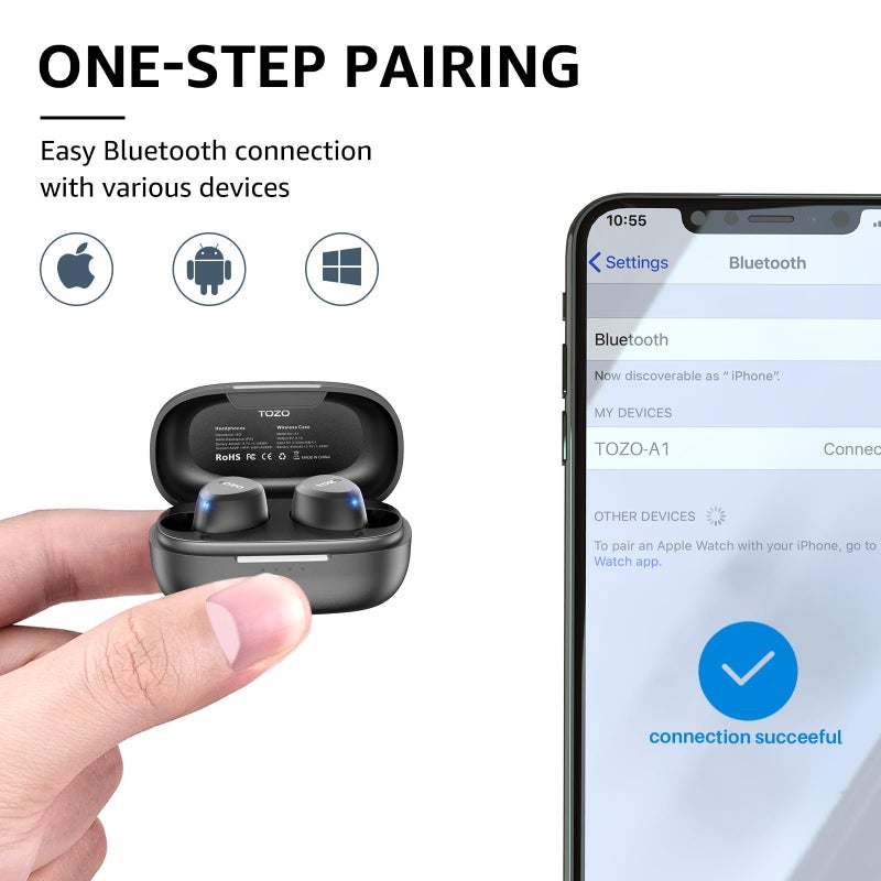 TOZO سماعات أذن لاسلكية TOZO A1 بلوتوث 5.3 خفيفة الوزن داخل الأذن مقاومة للماء IPX5 مع ميكروفونين للمكالمات الذكية، صوت غامر ممتاز مع سماعة رأس ذات قاعدة مع علبة شحن، 32 إعداد مخصص عبر التطبيق - Image 5