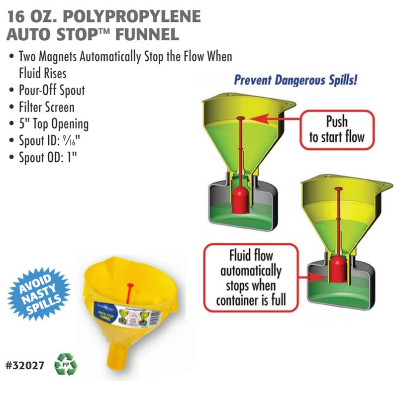 Wirthco 32027 Funnel King Auto Stop Polypropylene Funnel, 16 Oz, Yellow - Image 2