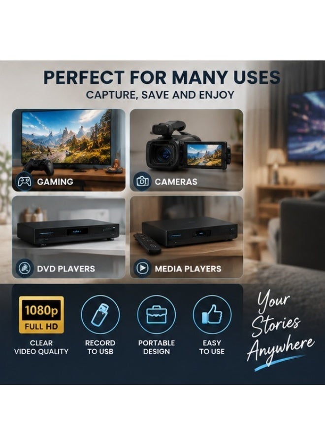 1080P HD video capture device with HDMI input and output, AV and YPbPr support, USB live recording, and one-button operation. - Image 3