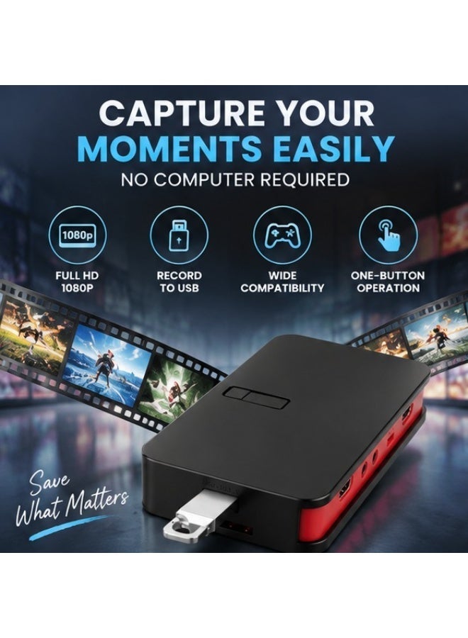1080P HD video capture device with HDMI input and output, AV and YPbPr support, USB live recording, and one-button operation. - Image 1