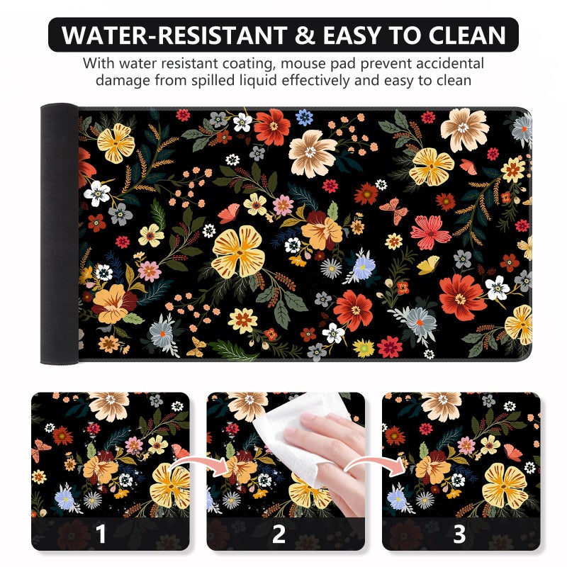 iCasso Desk Matt for Desktop, Cute Desk Pad Mat, XXL Large Mouse Pad, Anti-Slip Big Mousepad with Stitched Edges, Keyboard Pad Mouse Mat for Computer, Work, Gaming (Floral) - Image 3