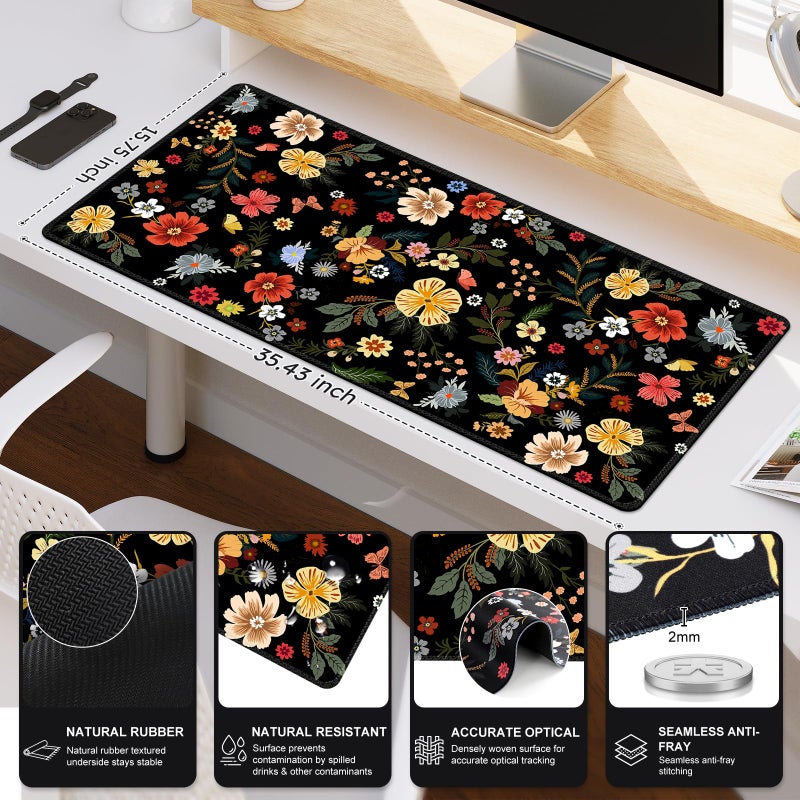 iCasso Desk Matt for Desktop, Cute Desk Pad Mat, XXL Large Mouse Pad, Anti-Slip Big Mousepad with Stitched Edges, Keyboard Pad Mouse Mat for Computer, Work, Gaming (Floral) - Image 2