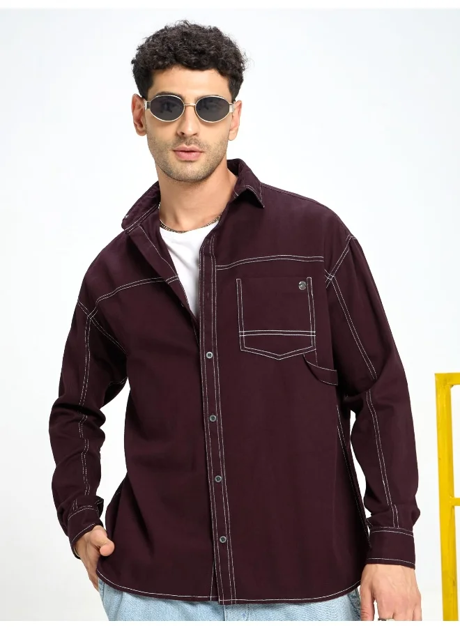 بيونغ French Wine Contrast Stitch Shirt for Men