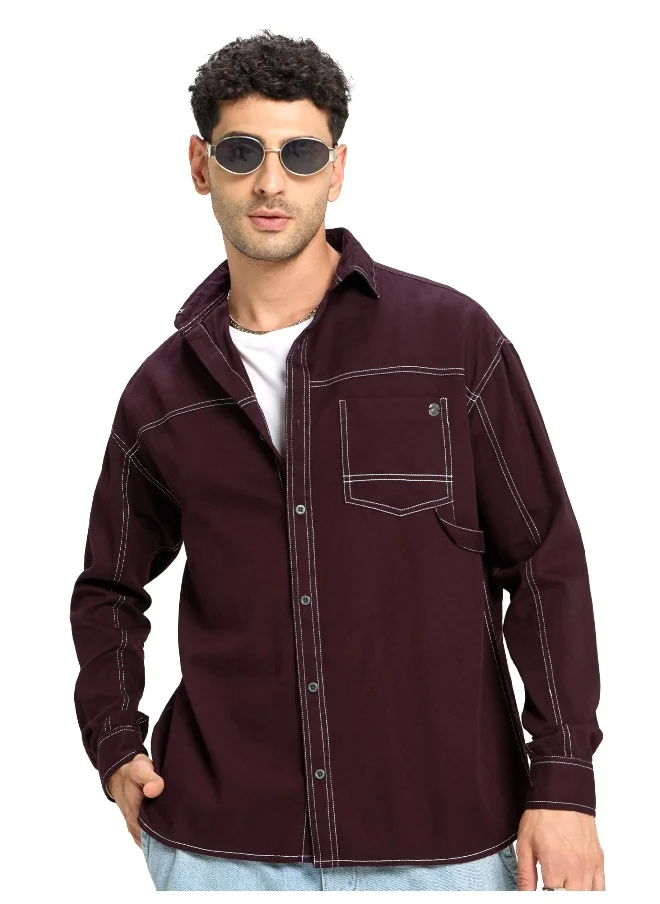 بيونغ French Wine Contrast Stitch Shirt for Men
