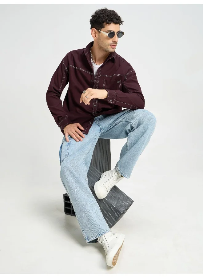 بيونغ French Wine Contrast Stitch Shirt for Men